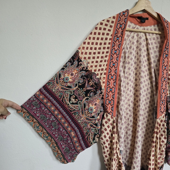 Toxik3 Boho Mixed Print Butterfly Kimono Cardigan Size M Wide Sleeves - Picture 2 of 11
